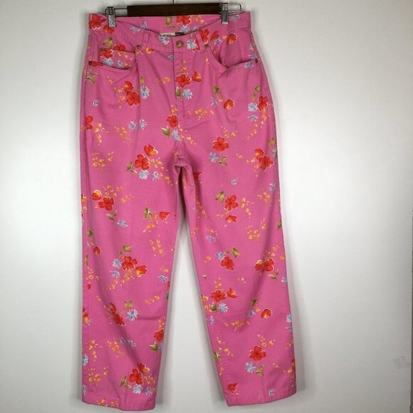 Evan Picone Pink Floral twill pants 14 Hemmed - Picture 1 of 7